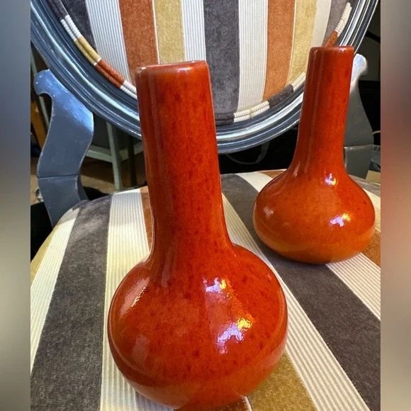 Jars Ceramistes France Pair of Small Orange Vases - Picture 2 of 10